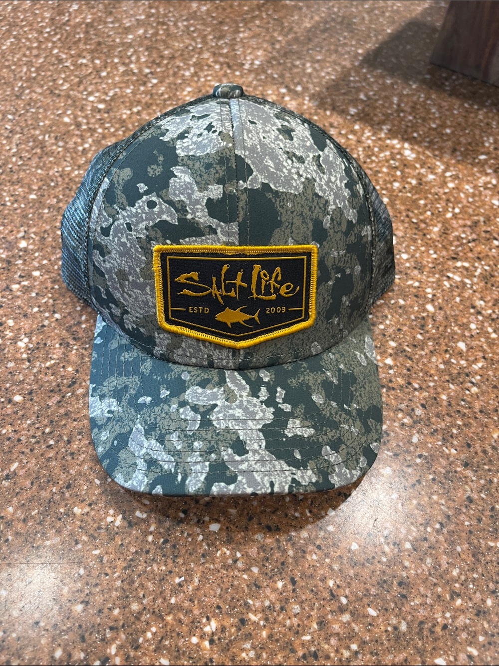 Salt Life Green Camo Trucker Hat with Yellow Patch